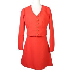 Vintage 80s orange red mini dress and matching jacket suit set S